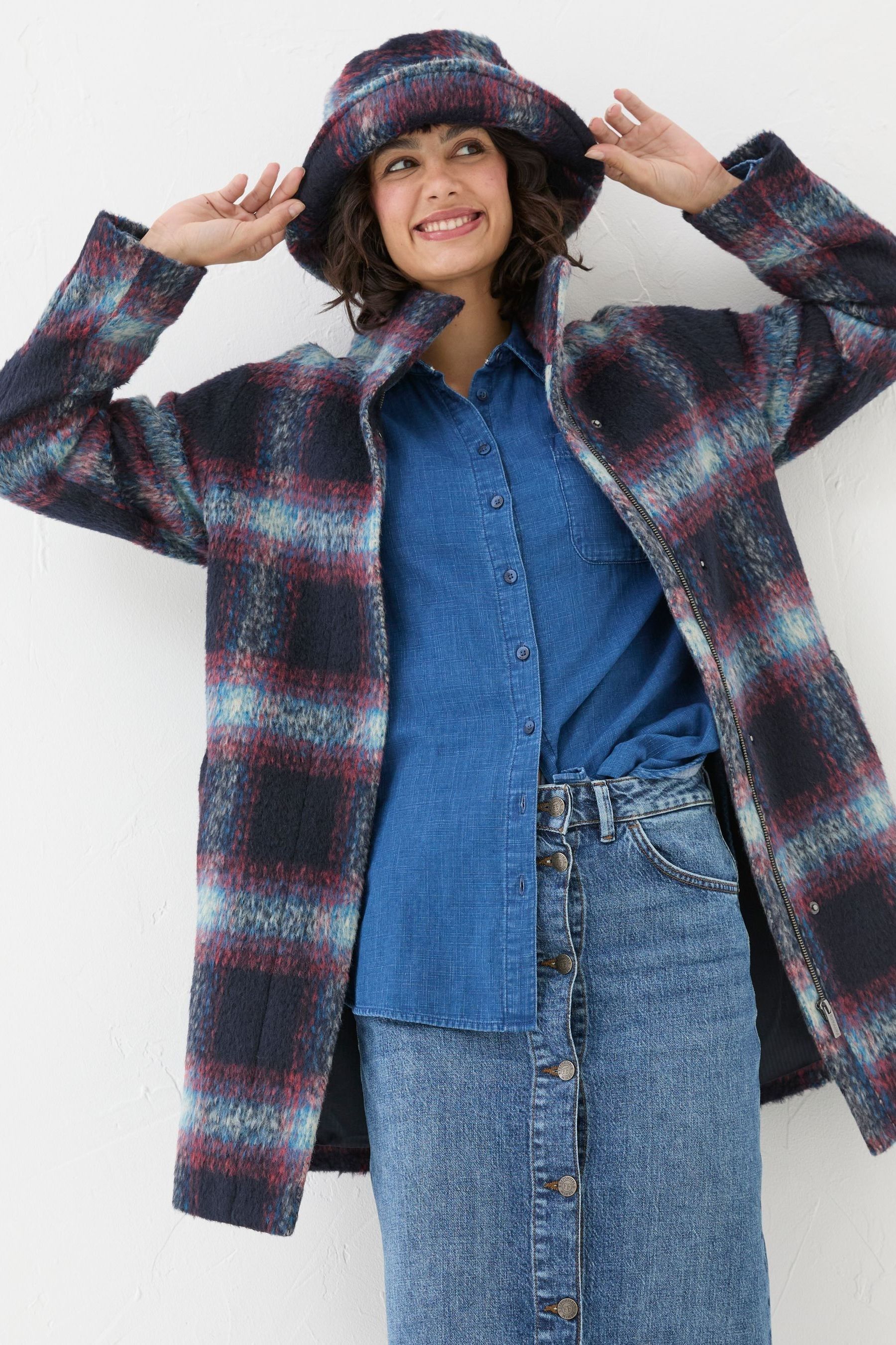 Blue check coat womens sale
