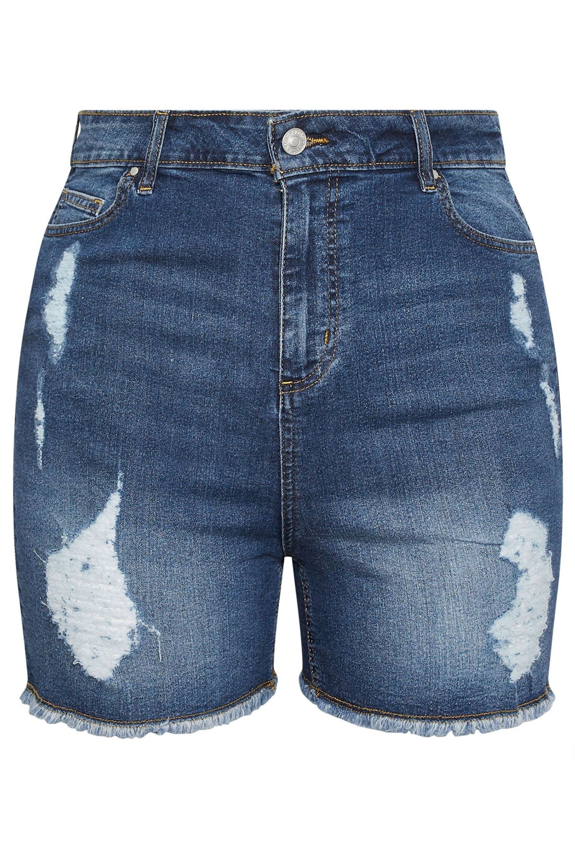 Yours Curve Blue Ripped Stretch Denim Shorts - Image 5 of 5