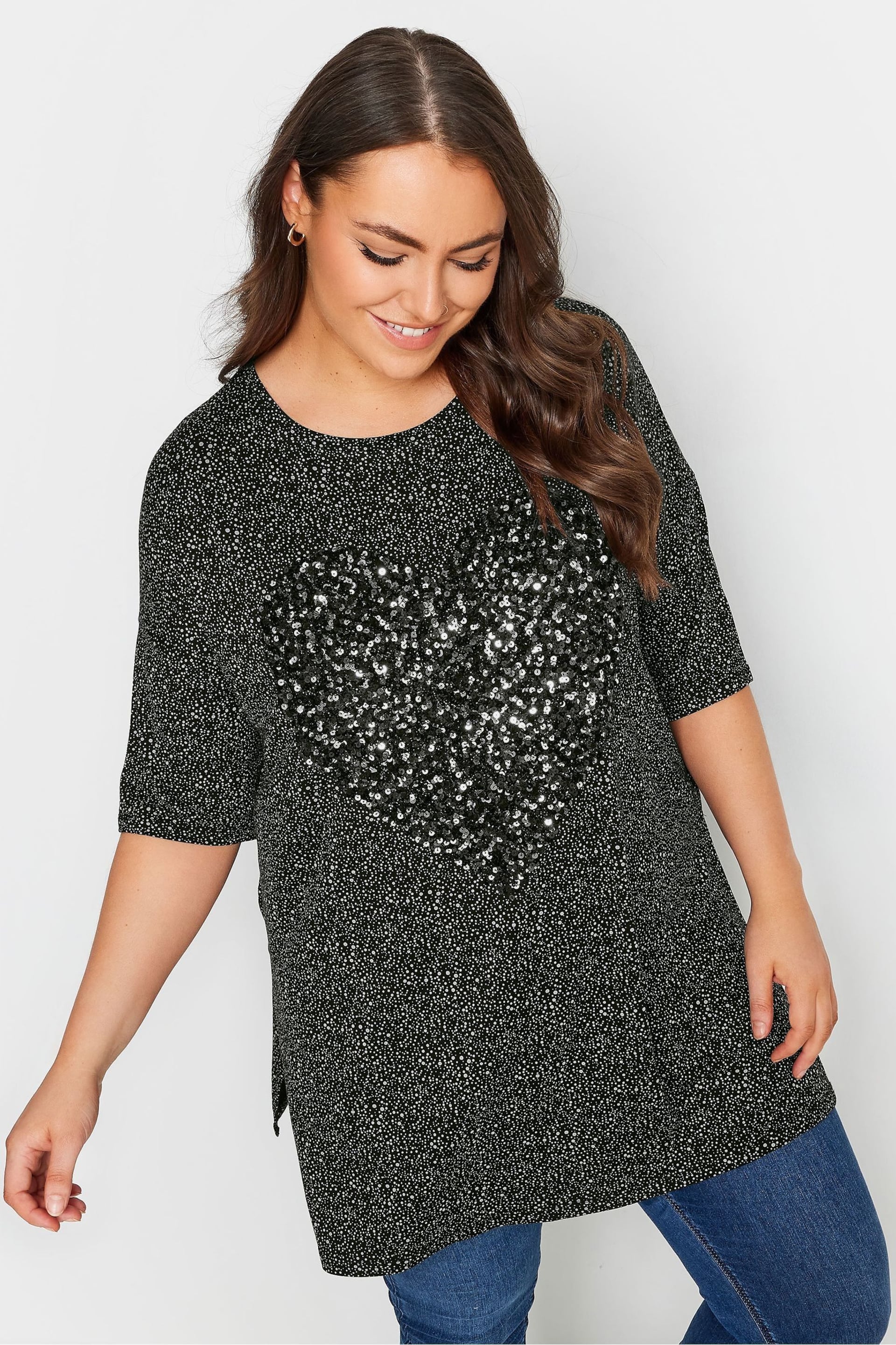 Yours Curve Black Heart Sequin Embellished Top - Image 1 of 5