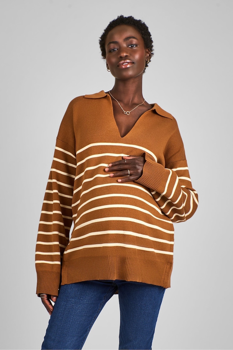 JoJo Maman Bébé Toffee Brown & Cream Stripe Collared Maternity & Nursing Jumper - Image 1 of 4