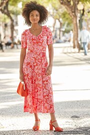 Joe Browns Red Vibrant V-Neck Frill Midi Dress - Image 1 of 7