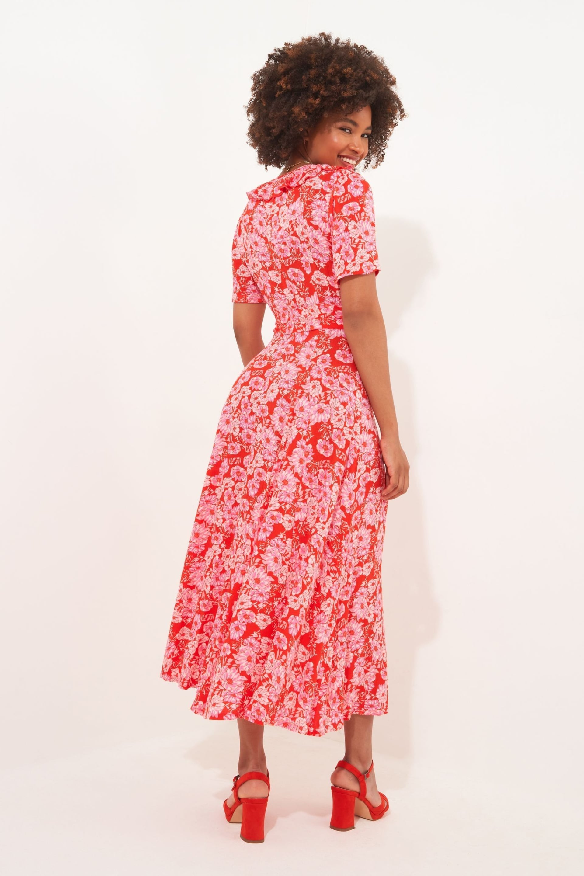 Joe Browns Red Vibrant V-Neck Frill Midi Dress - Image 4 of 7
