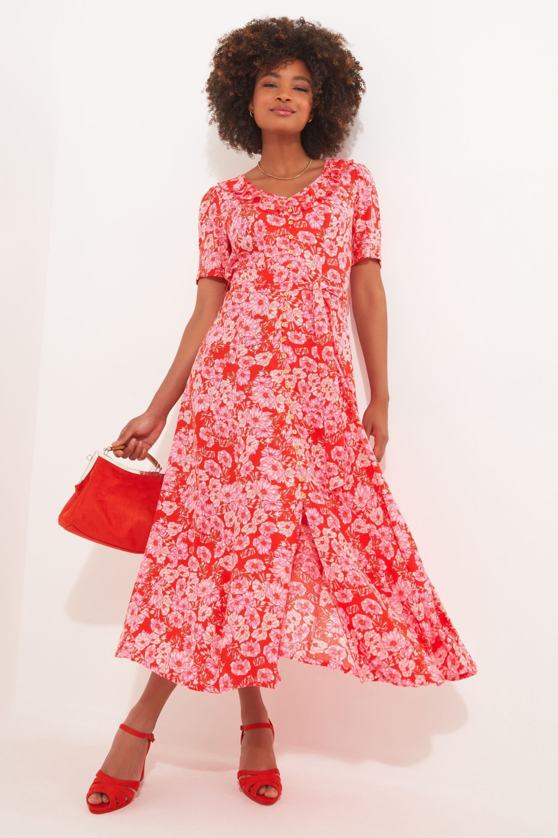 Joe Browns Red Vibrant V-Neck Frill Midi Dress - Image 5 of 7