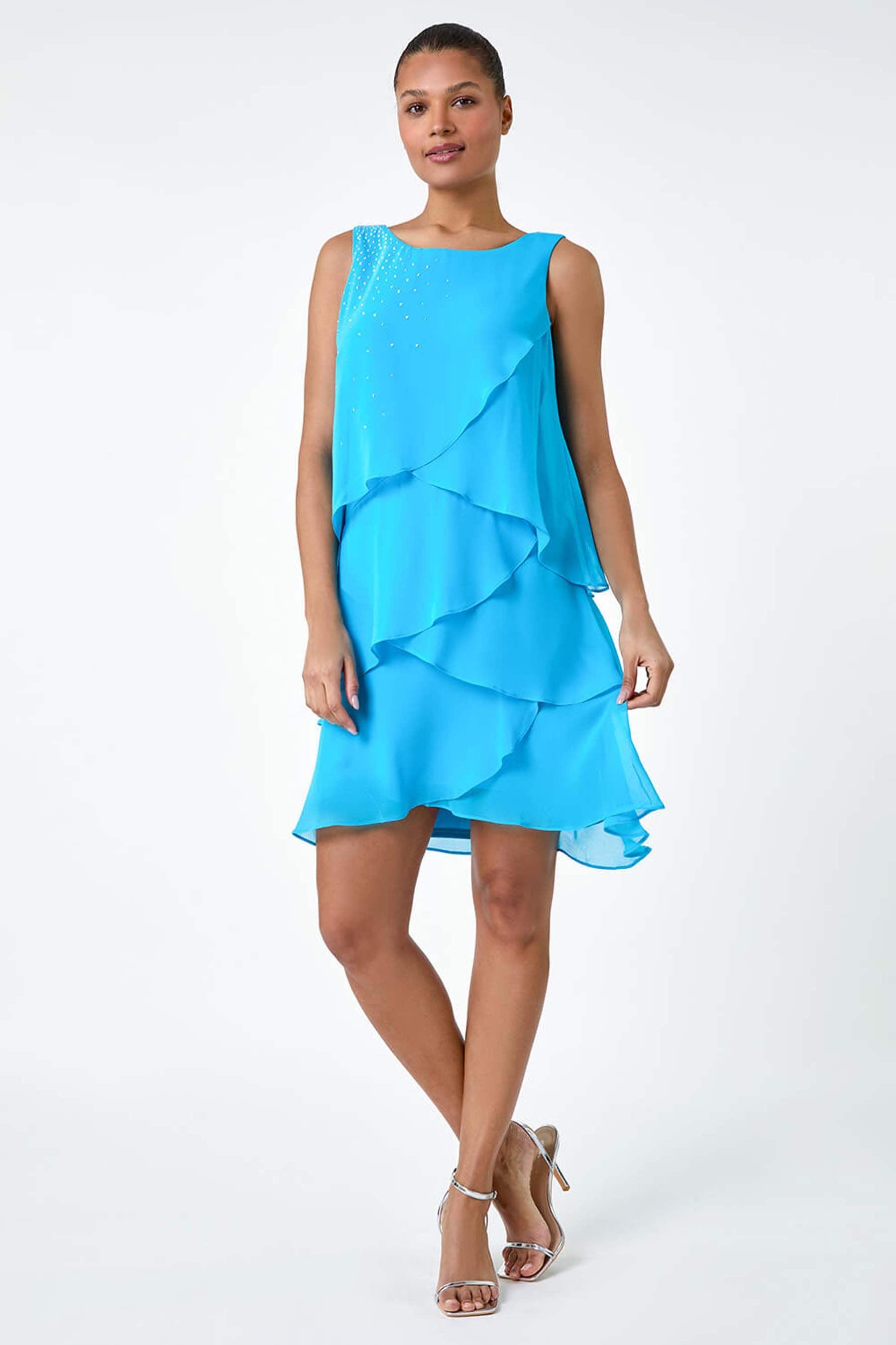 Roman Blue Sparkle Embellished Frill Swing Dress