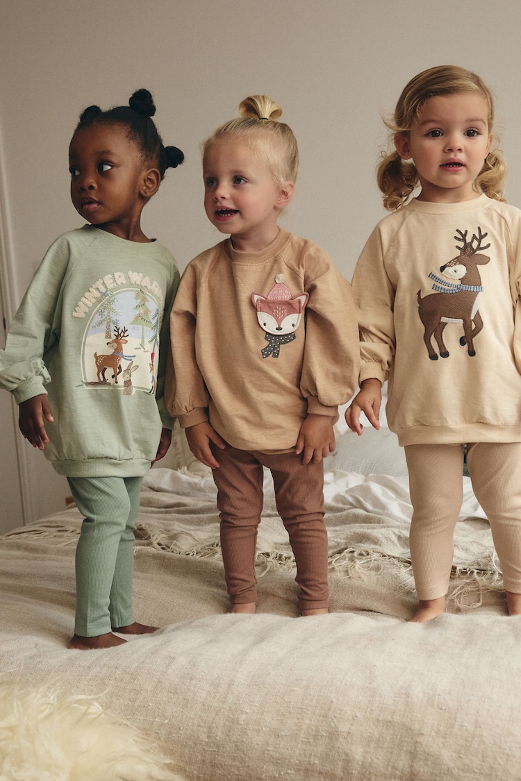 Sage Green/Cream/Camel Character 100% Cotton Leggings Pyjamas 3 Pack (9mths-8yrs) - Image 1 of 12