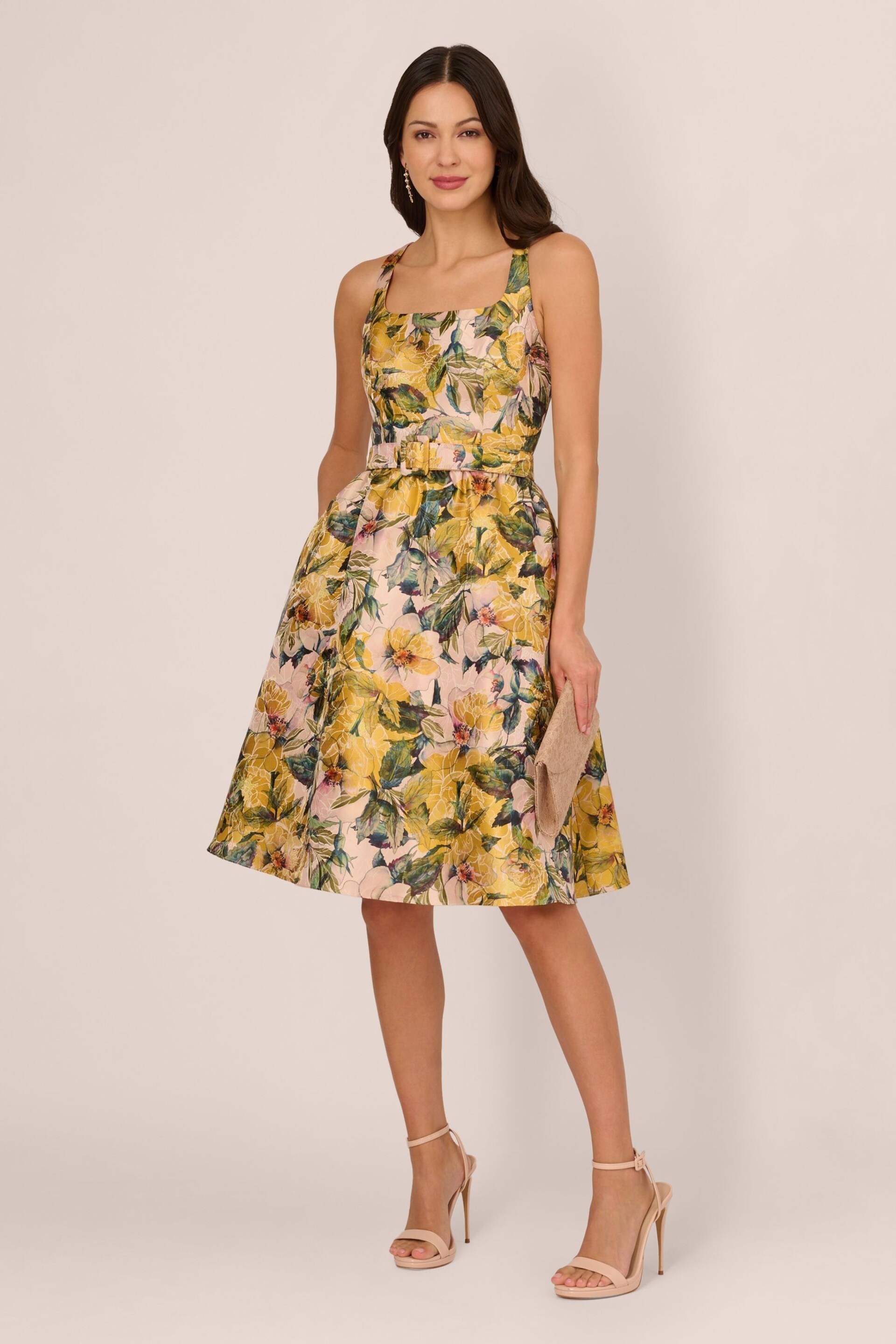 Adrianna Papell Yellow Jacquard Midi Dress - Image 3 of 5