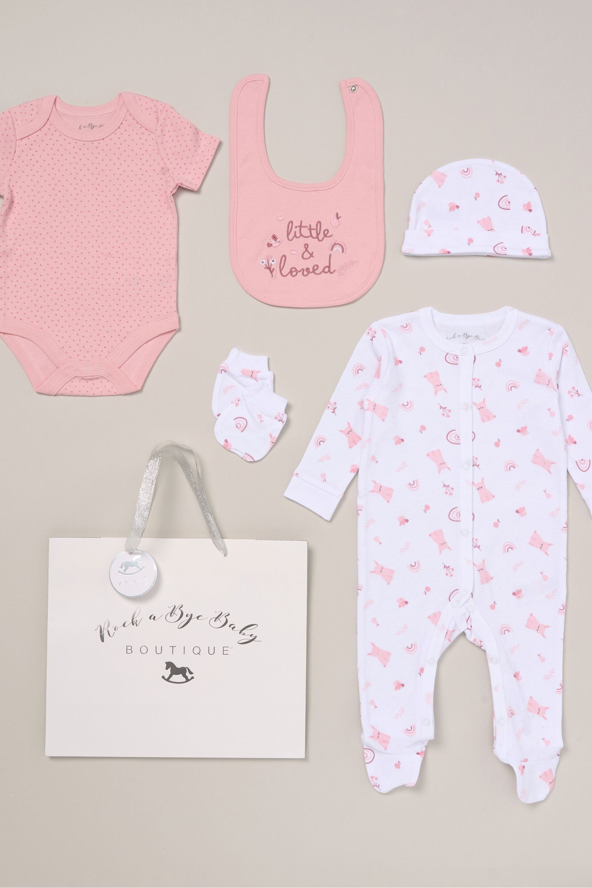 Rock-A-Bye Baby Boutique Pink Printed All in One Cotton 5-Piece Baby Gift Set - Image 1 of 5