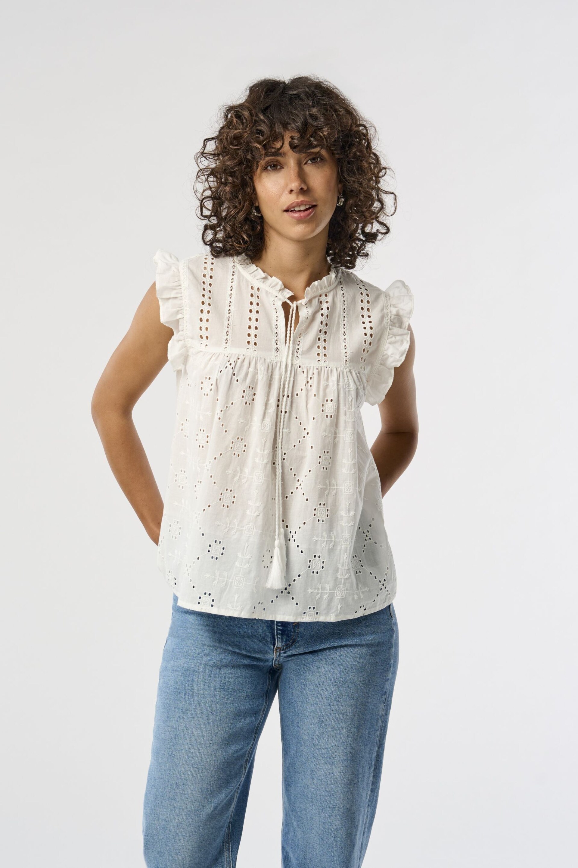 ONLY White Broderie Frill Tie Front Blouse - Image 1 of 7
