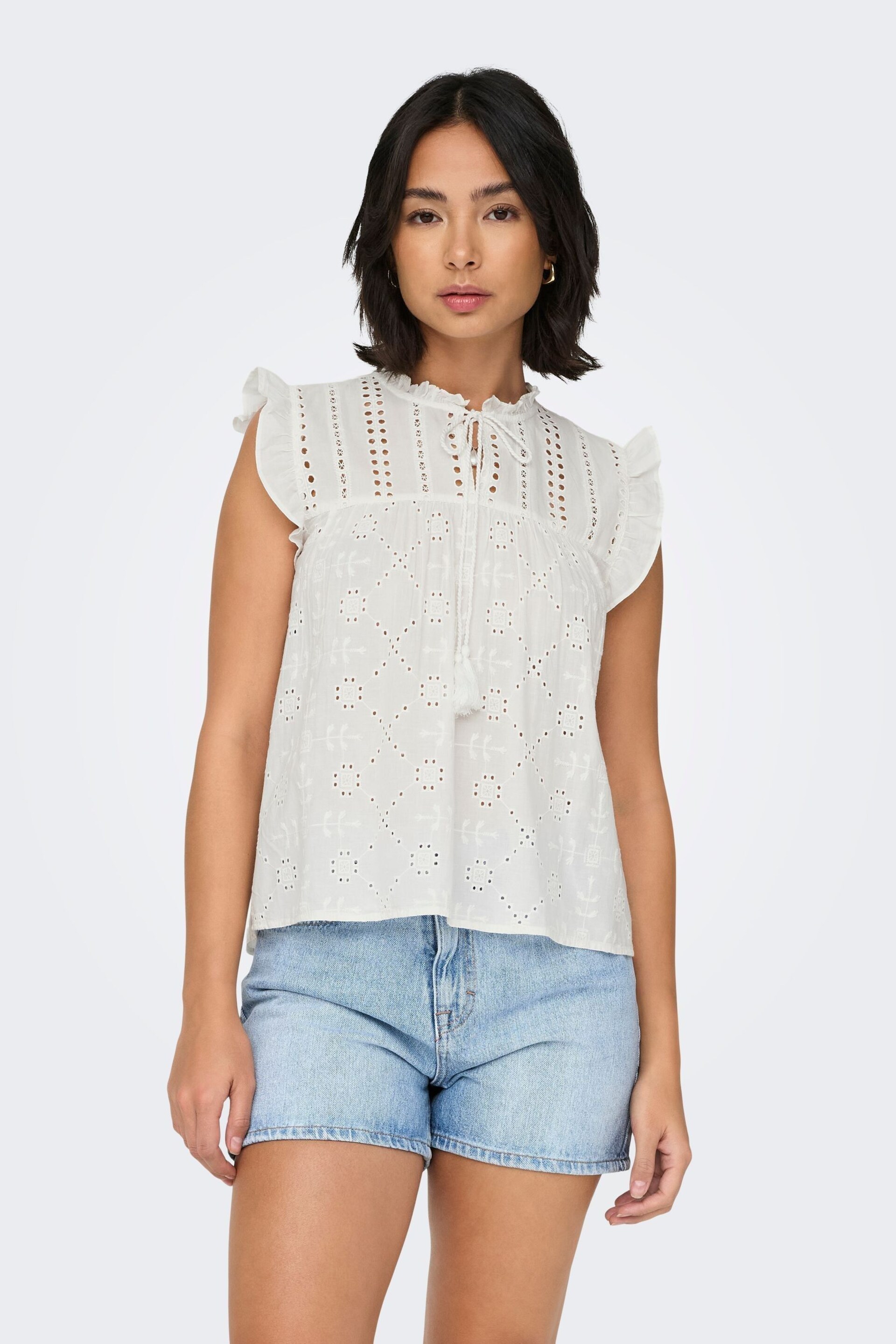 ONLY White Broderie Frill Tie Front Blouse - Image 5 of 7