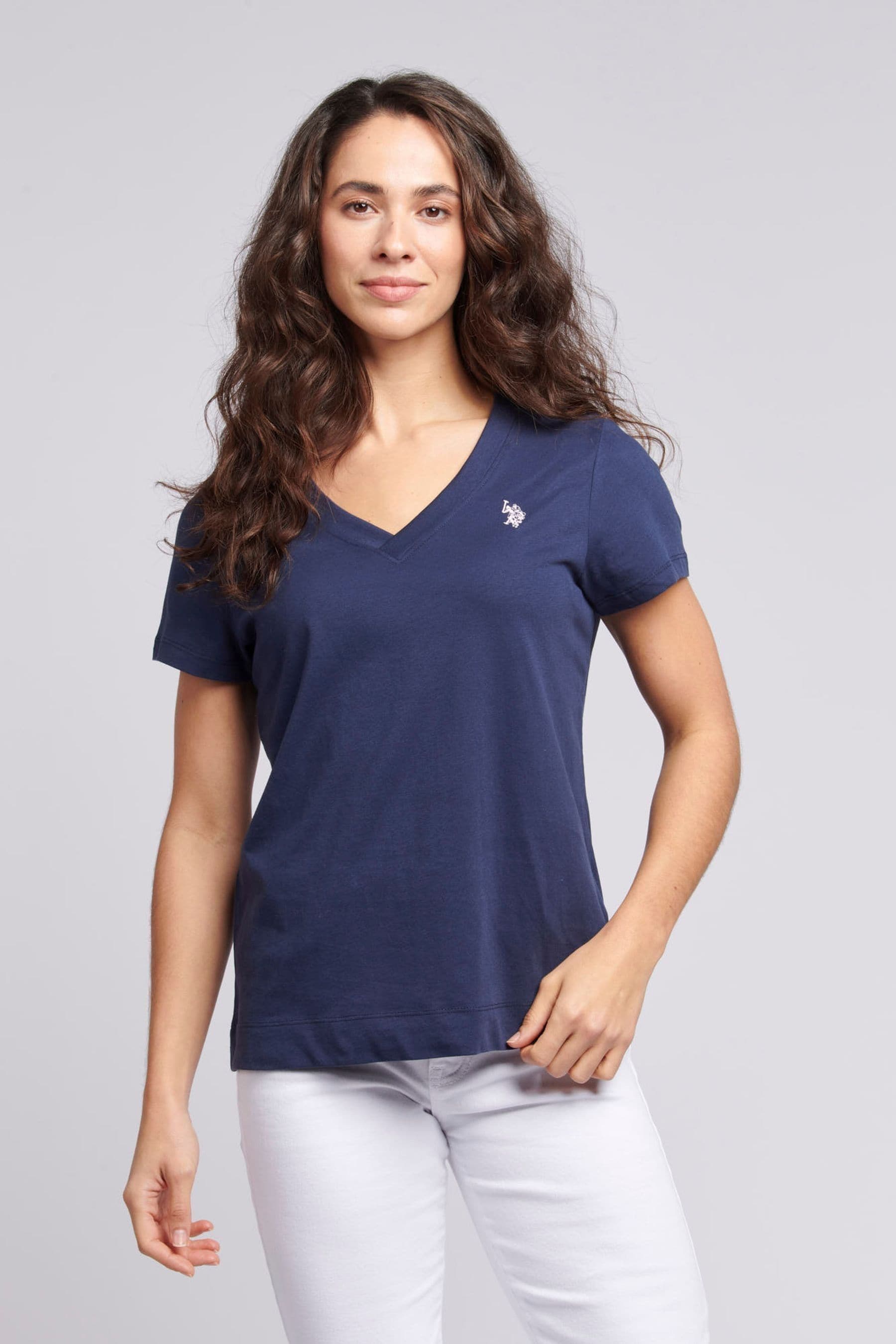 U.S. Polo Assn. Dark Blue Regular Fit Womens V Neck 100 Cotton T Shirt