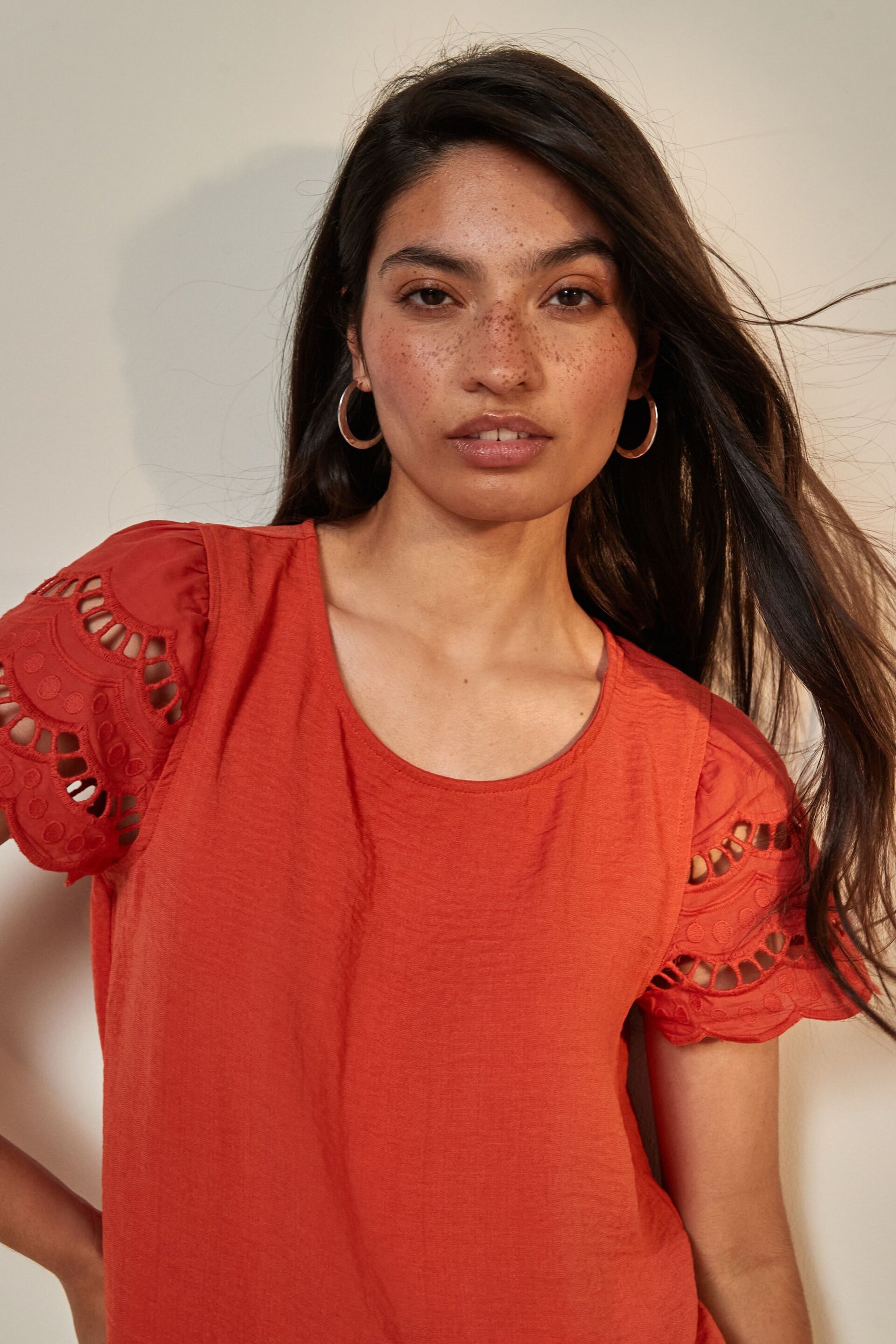 JDY Orange Broderie Frill Detail Blouse - Image 3 of 5