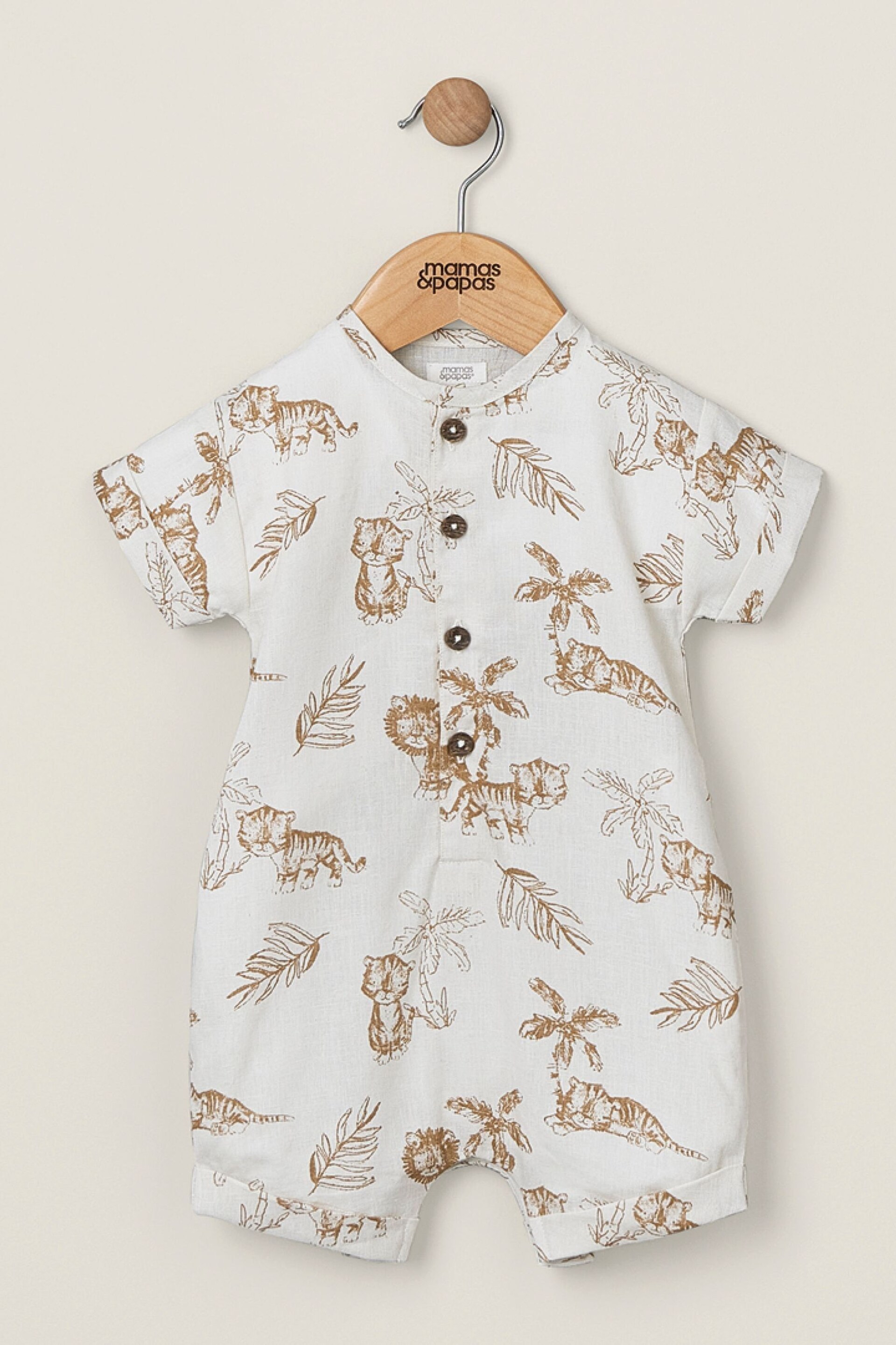 Mamas & Papas Jungle Print Linen Brown Romper - Image 1 of 2