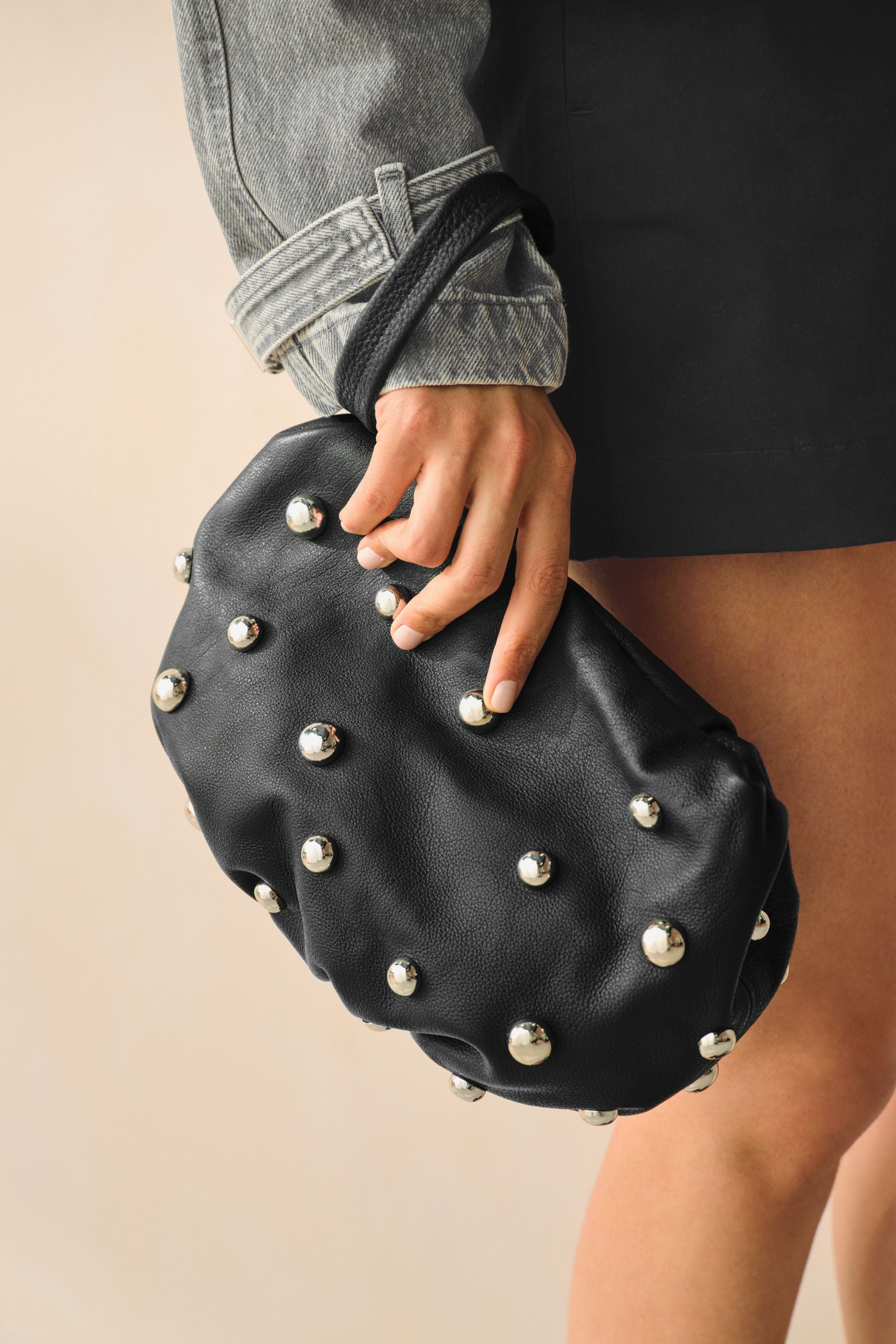 NEXT Black Leather Studded Clutch Bag ONE Womens