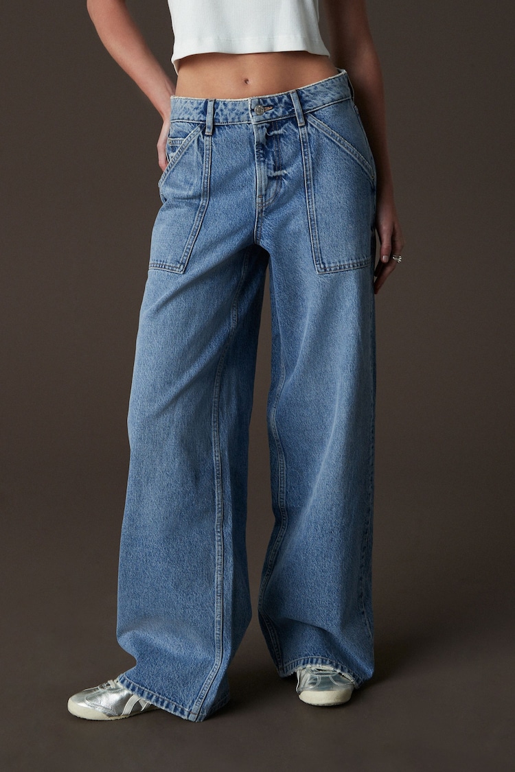 Mid Blue Adjustable Cinch Back Wide Leg 100% Cotton Jeans - Image 2 of 8