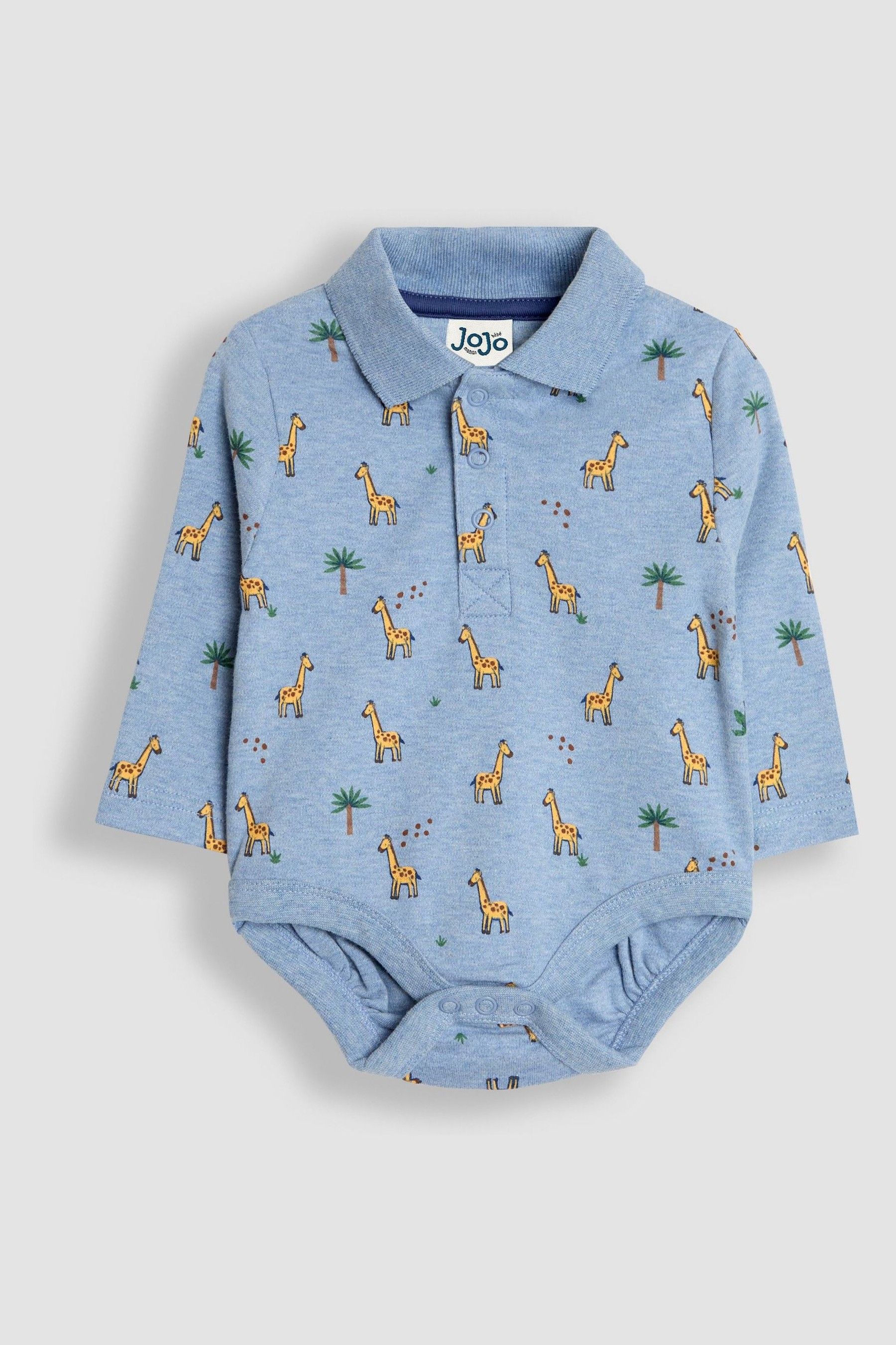 JoJo Maman Bebe Denim Blue Giraffe Printed Polo Shirt Bodysuit upto3months Baby