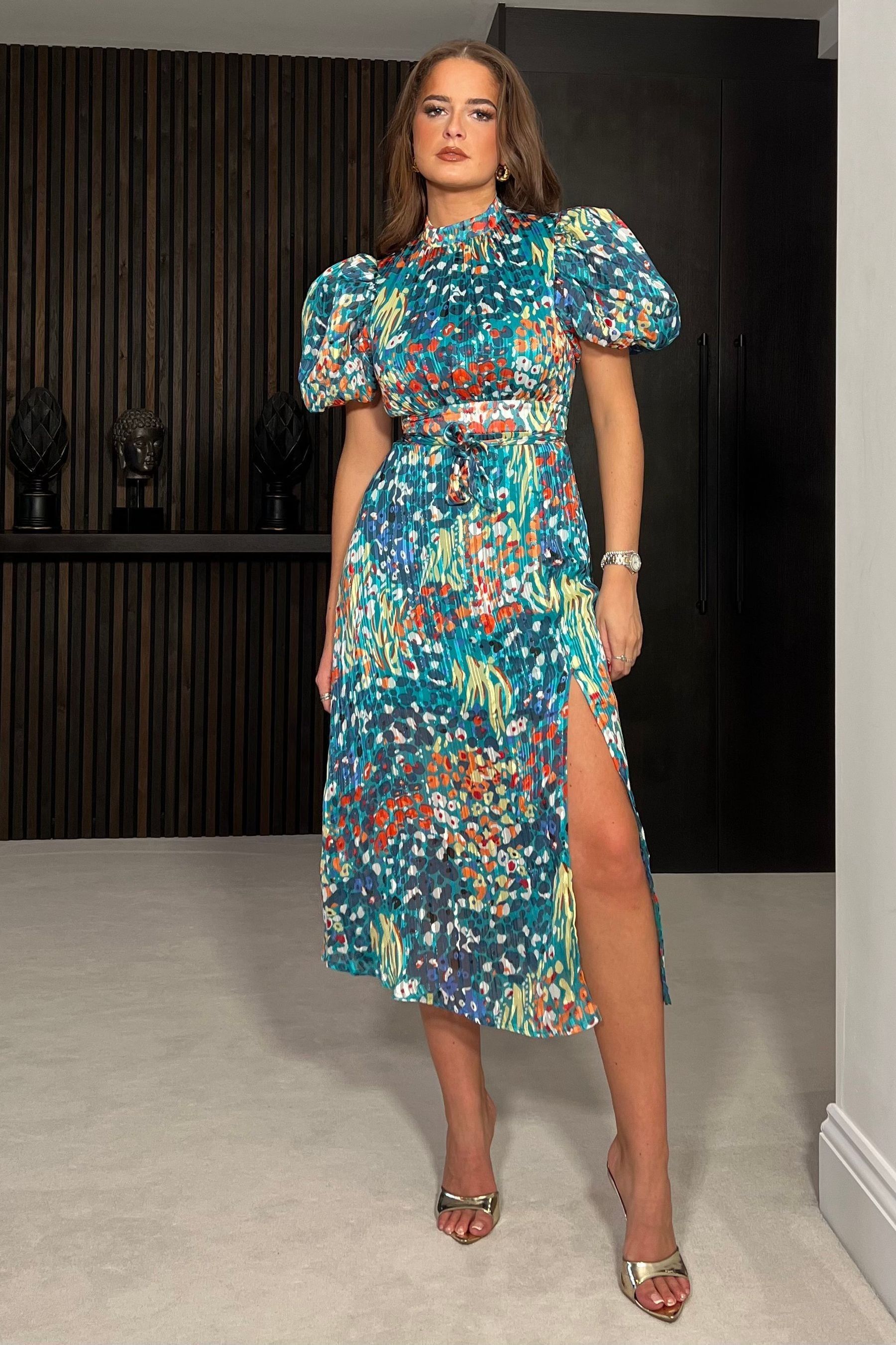 Buy Girl In Mind Blue Animal Lilith Puff Sleeve High Neck Midi Dress from Next Canada