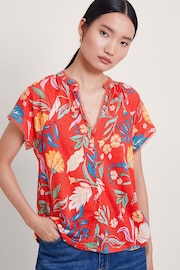 Monsoon Red Alma Print Linen T-Shirt - Image 1 of 5