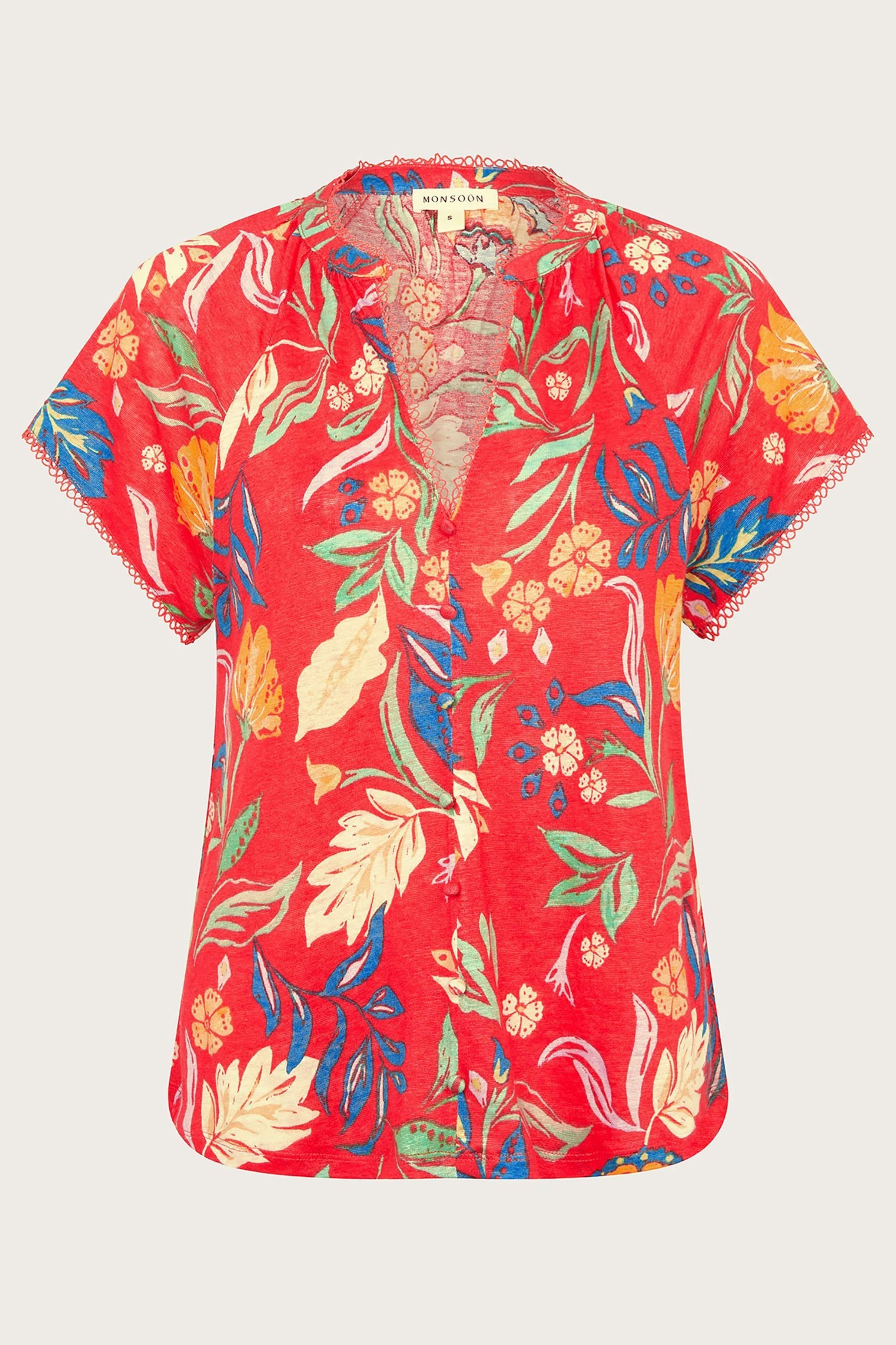 Monsoon Red Alma Print Linen T-Shirt - Image 5 of 5