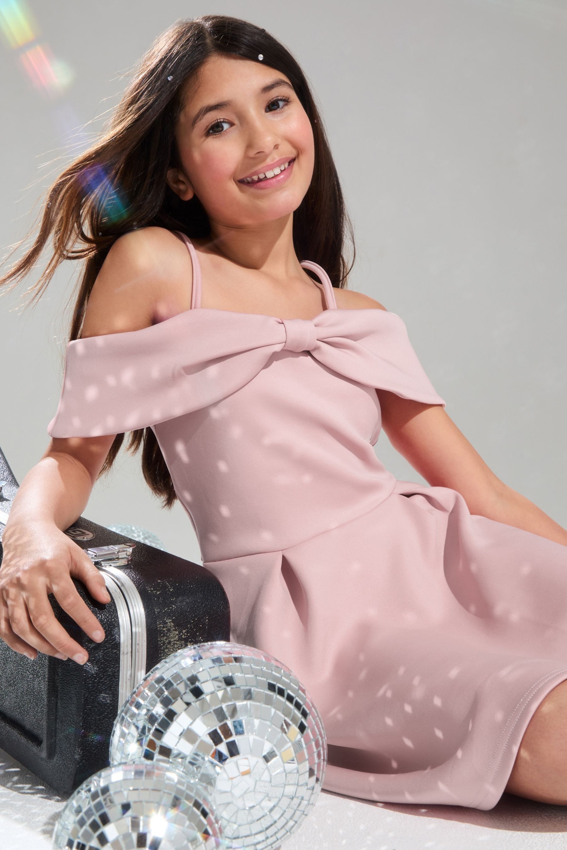 Lipsy Pink Cold Shoulder Bow Skater Dress (5-16yrs) - Image 3 of 4