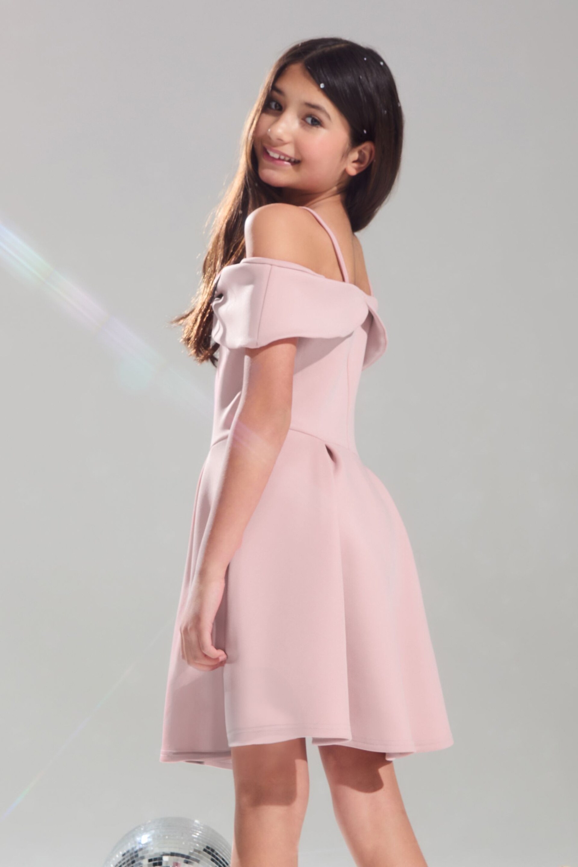 Lipsy Pink Cold Shoulder Bow Skater Dress (5-16yrs) - Image 4 of 4