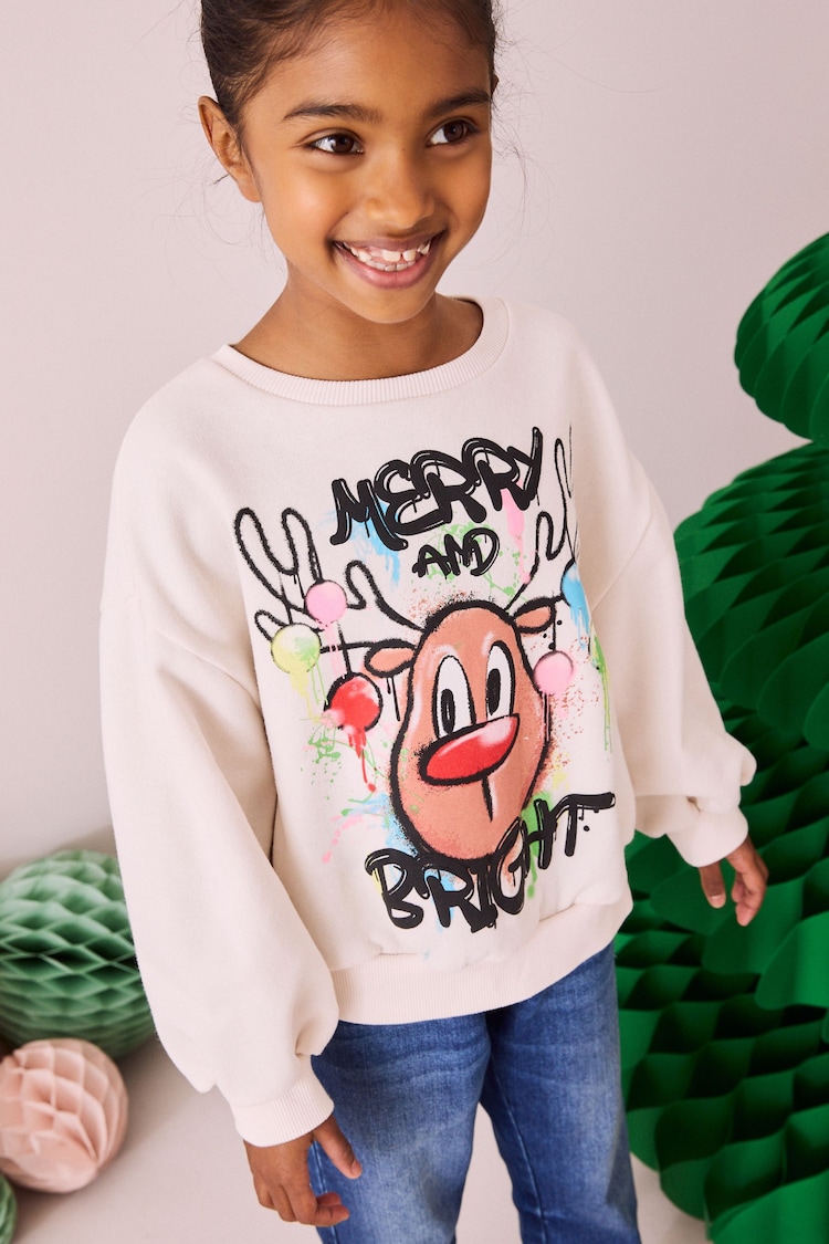 Ecru Graffiti Reindeer Sweatshirt (3-16yrs) - Image 1 of 6