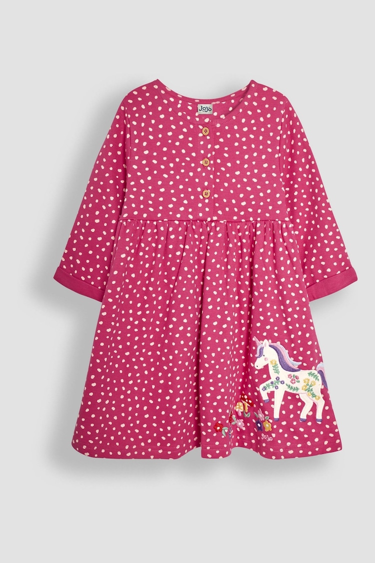 JoJo Maman Bébé Fuchsia Pink Unicorn Appliqué Button Front Dress - Image 1 of 3