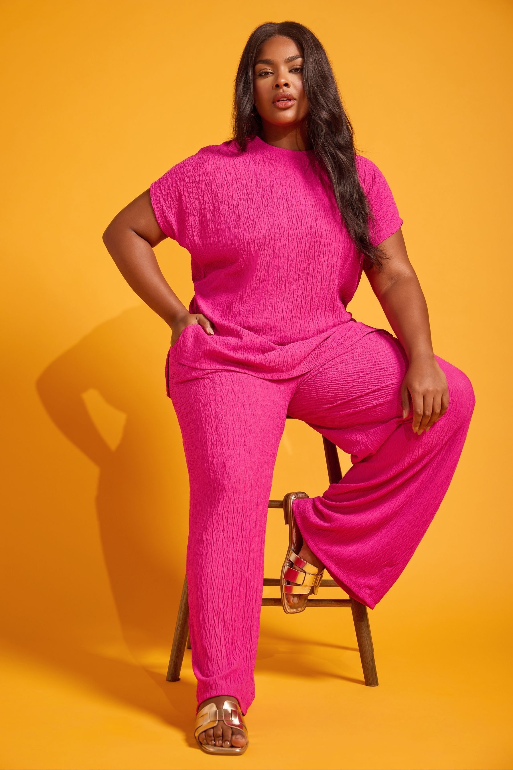 Yours Curve Pink Crinkle Plisse Trousers