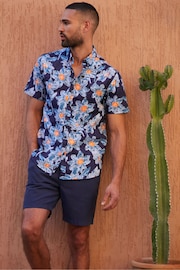 Threadbare Blue Cotton Tropical Print Short Sleeve Shirt - Image 1 of 3