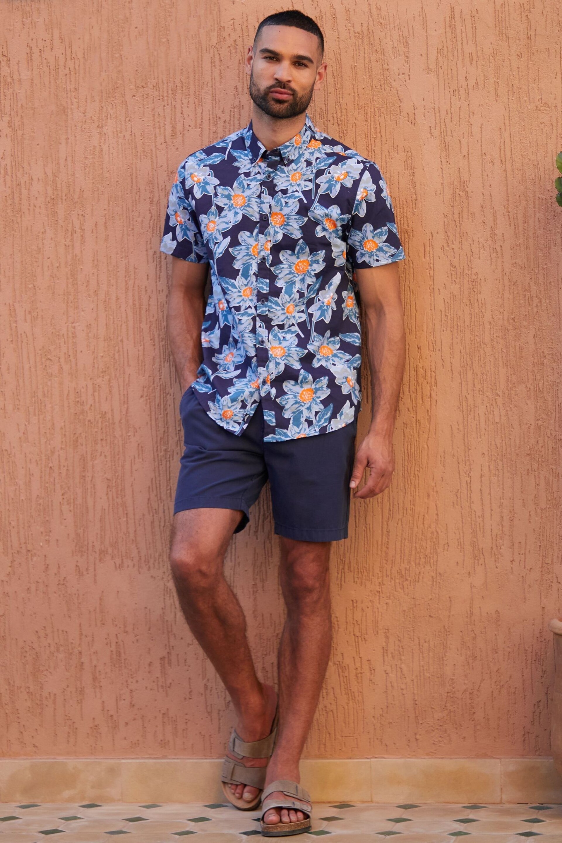 Threadbare Blue Cotton Tropical Print Short Sleeve Shirt - Image 2 of 3