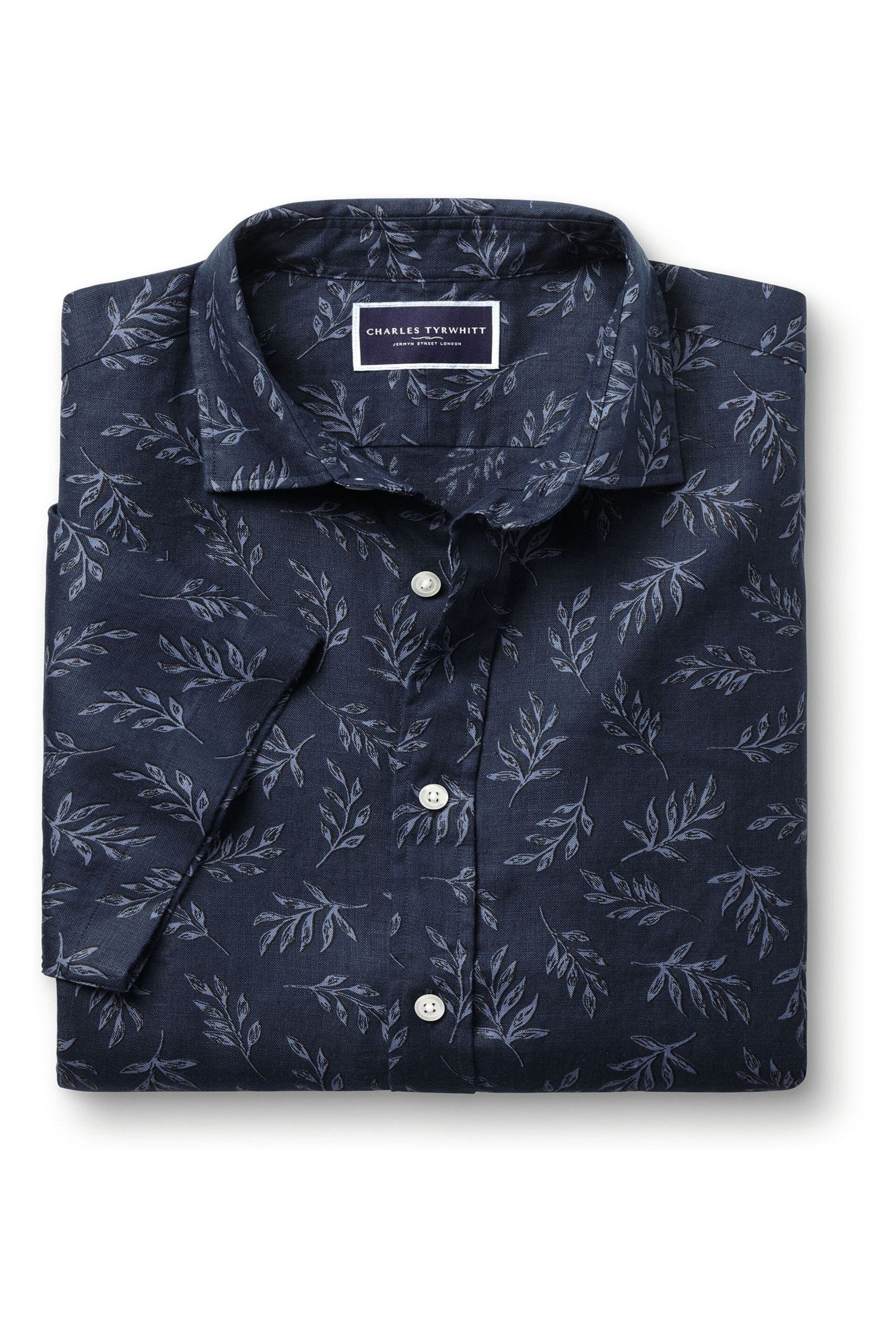 Charles Tyrwhitt Blue Marl Slim Fit Print Short Sleeve Pure Linen Shirt - Image 3 of 5