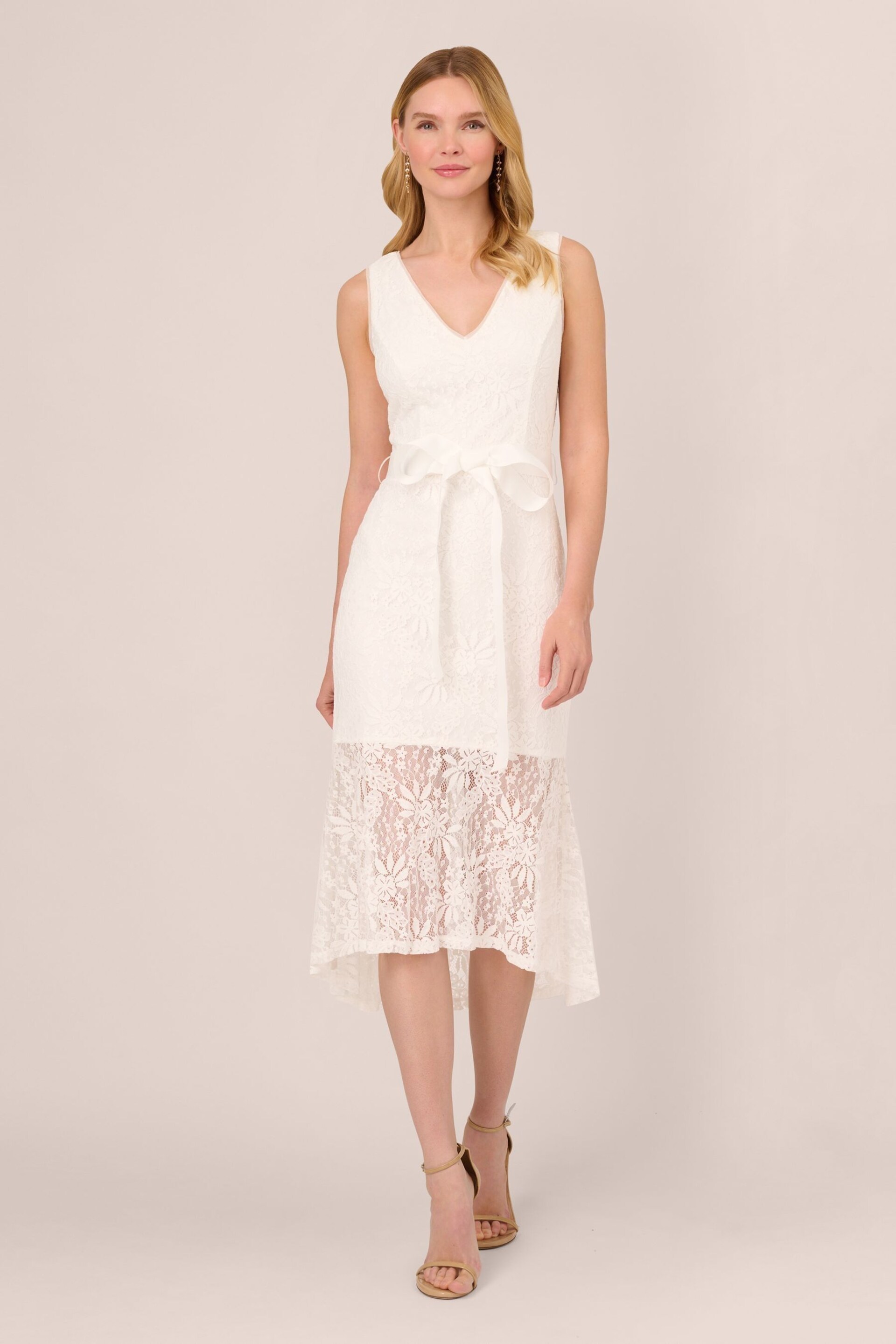 Adrianna Papell Lace Midi Flounce White Dress - Image 1 of 7