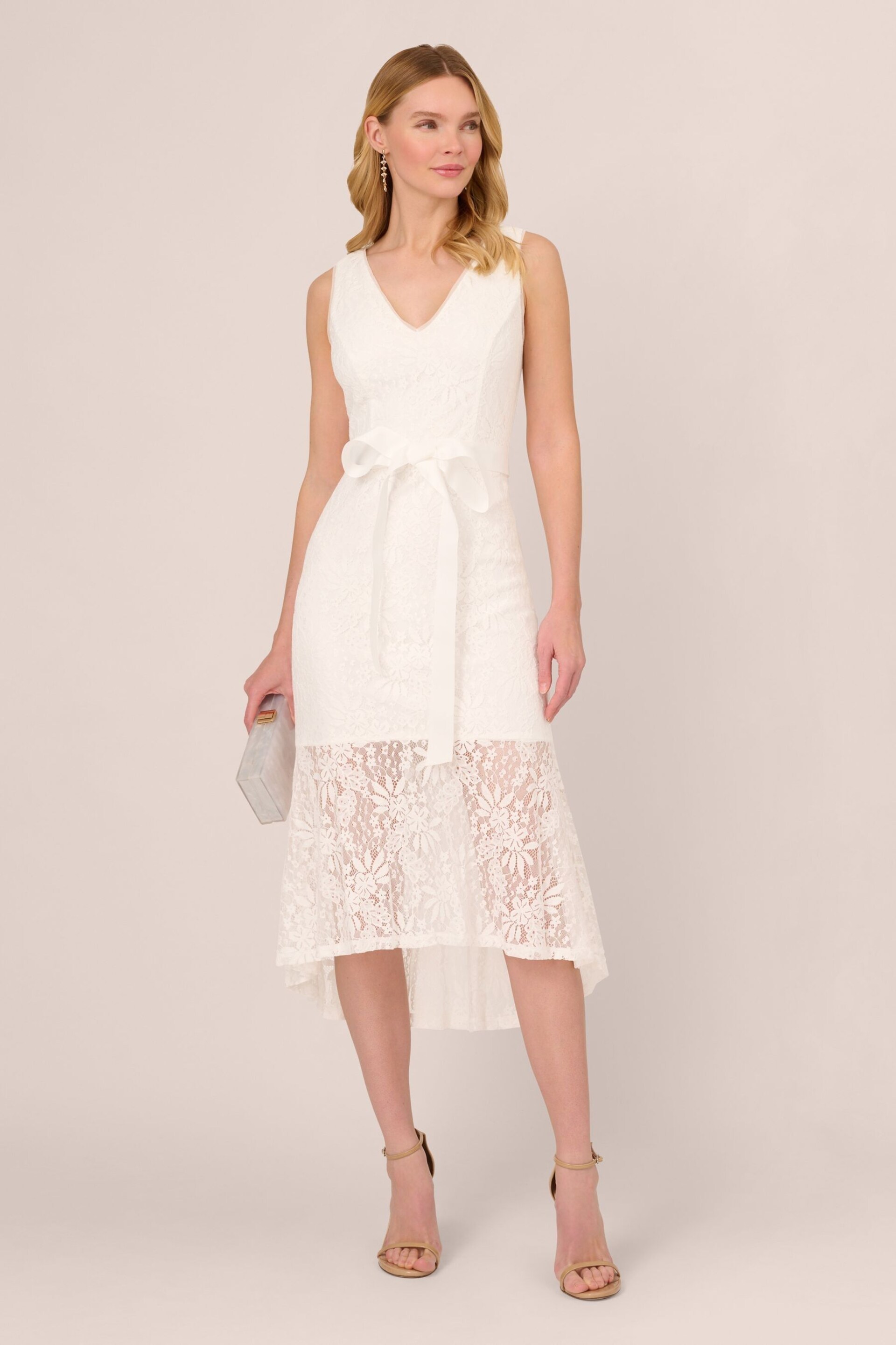 Adrianna Papell Lace Midi Flounce White Dress - Image 4 of 7