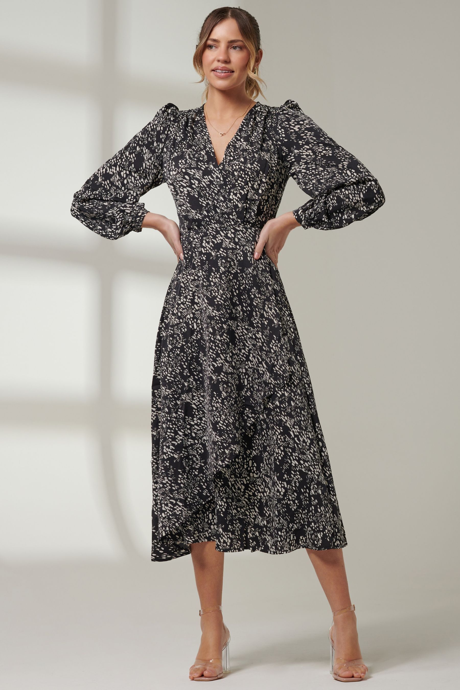 Buy Jolie Moi Black V Neck Wrap Front Midi Dress from Next Ireland