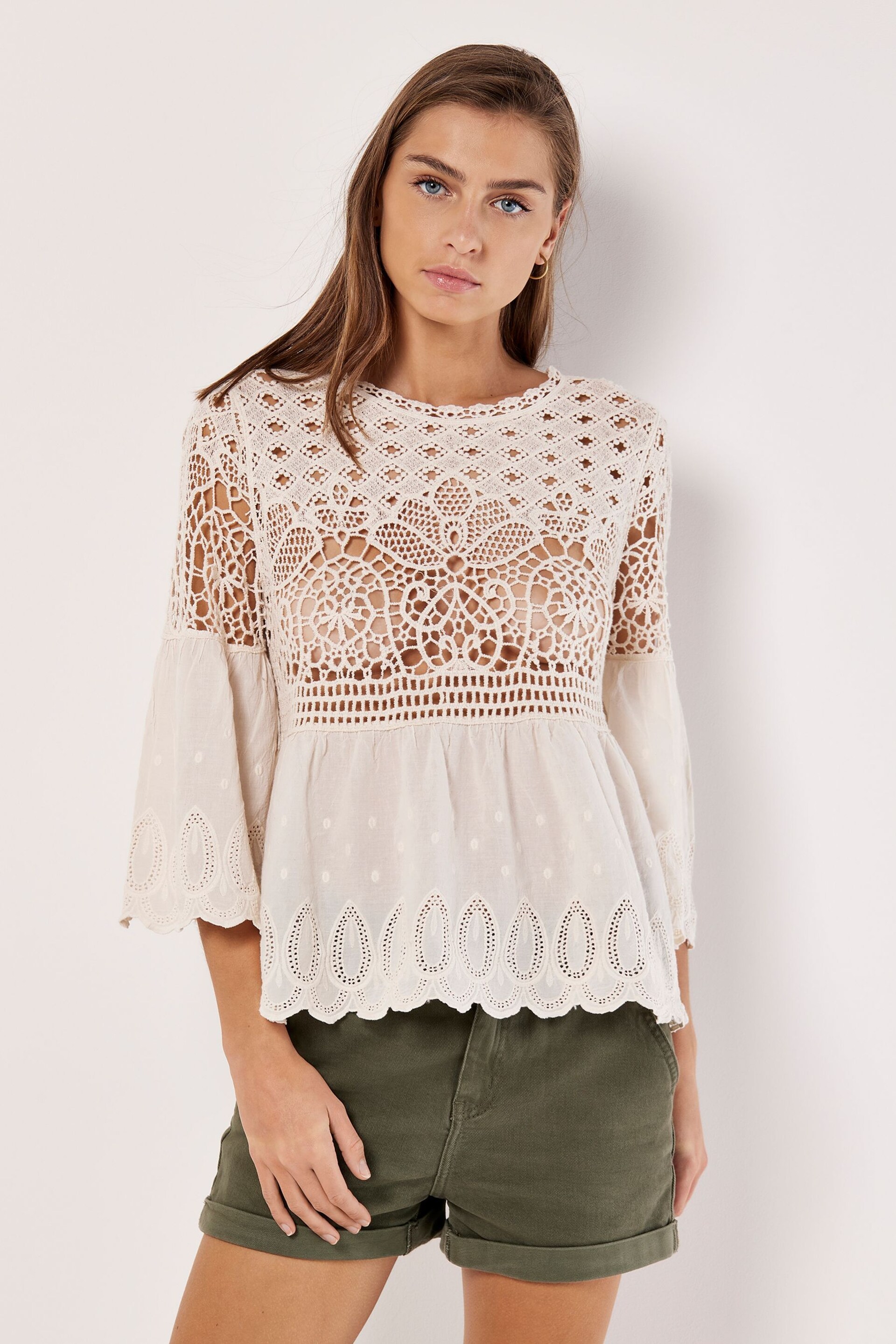 Apricot Natural Crochet Lace & Broderie Folk Top - Image 2 of 4
