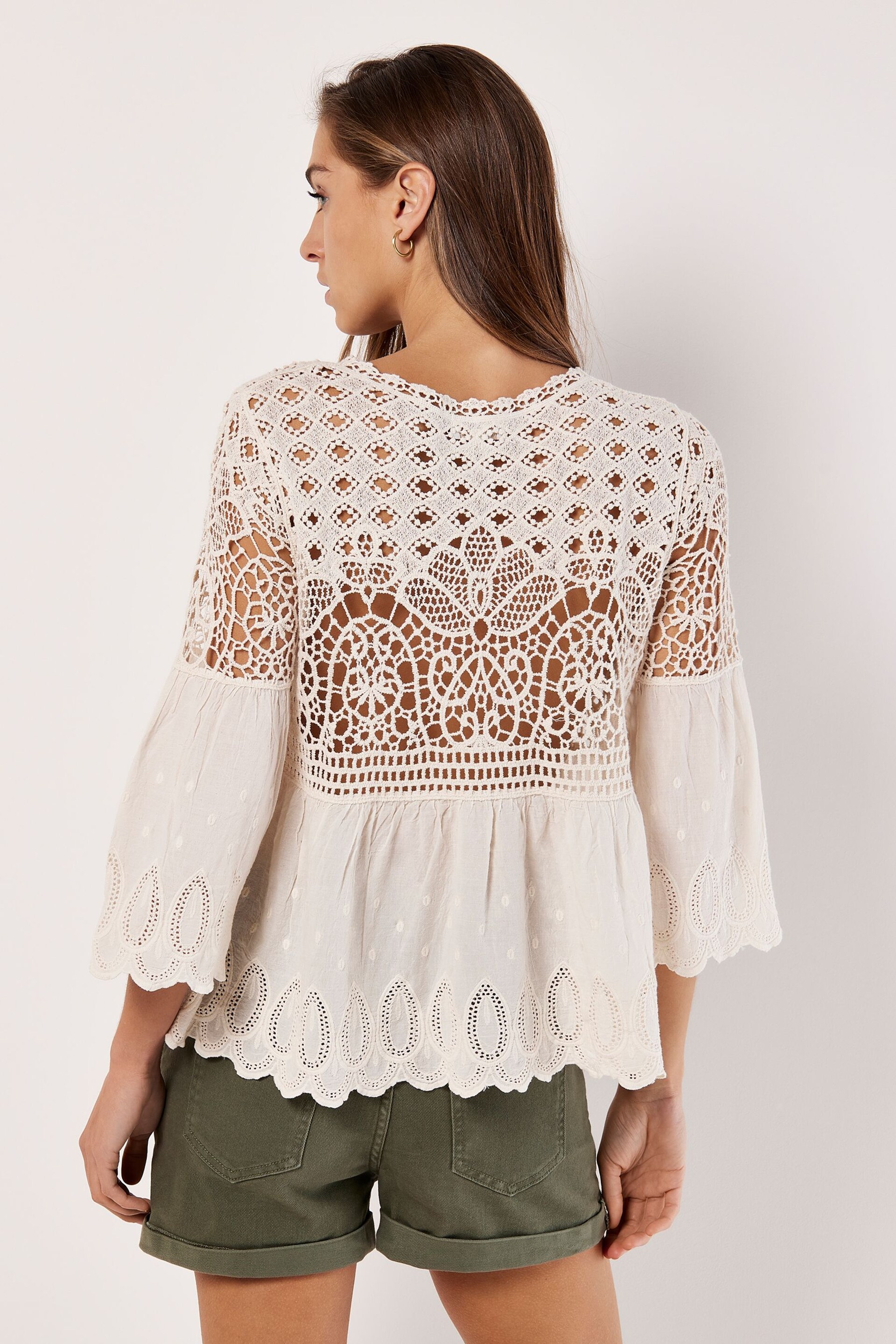 Apricot Natural Crochet Lace & Broderie Folk Top - Image 4 of 4