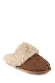 Totes Brown Ladies Isotoner Real Suede Mules Slippers with Faux Fur Cuff - Image 3 of 5