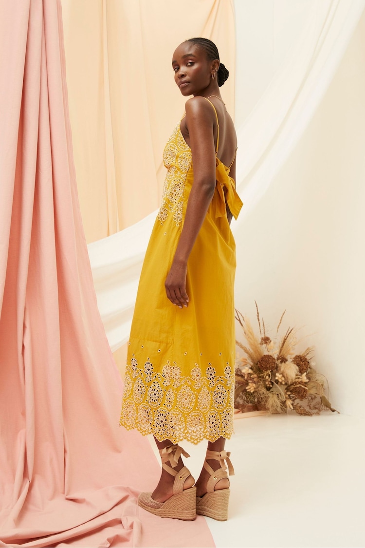 FatFace Daisy Yellow Broderie Midi Dress - Image 2 of 7