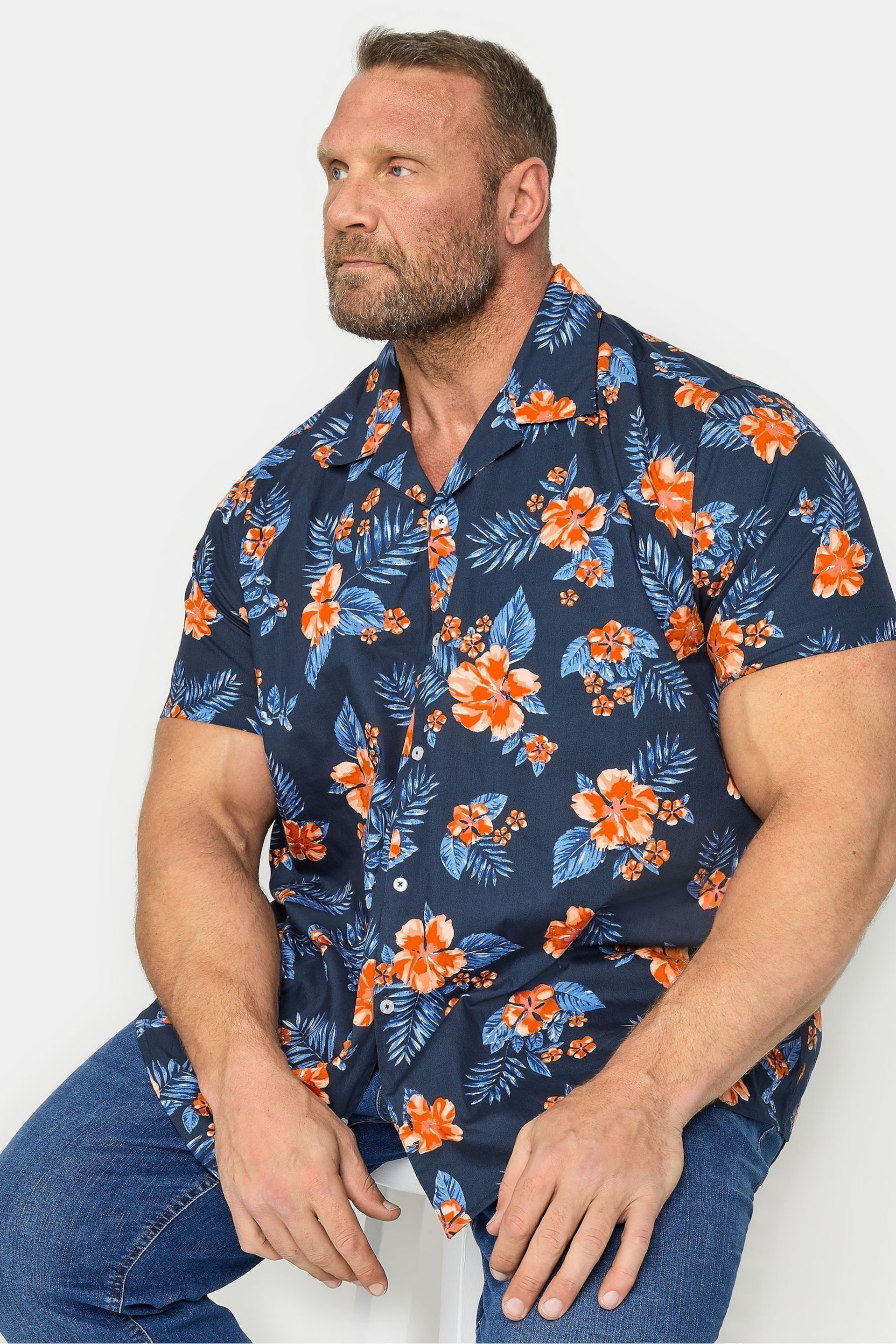 BadRhino Big & Tall Navy Blue & Orange Tropical Shirt - Image 1 of 3