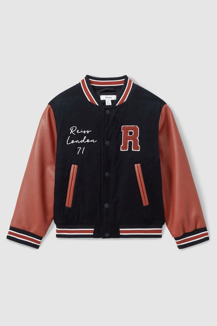 Reiss Navy Ward Junior Hybrid Cord-Faux Leather Varsity Bomber Jacket - Image 2 of 5