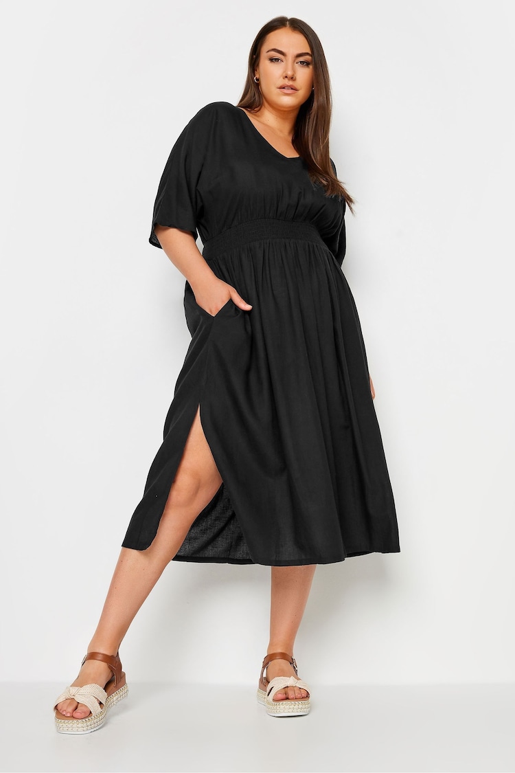 Yours Curve Black LIMITED COLLECTION Linen Shirred Midaxi Dress - Image 1 of 5