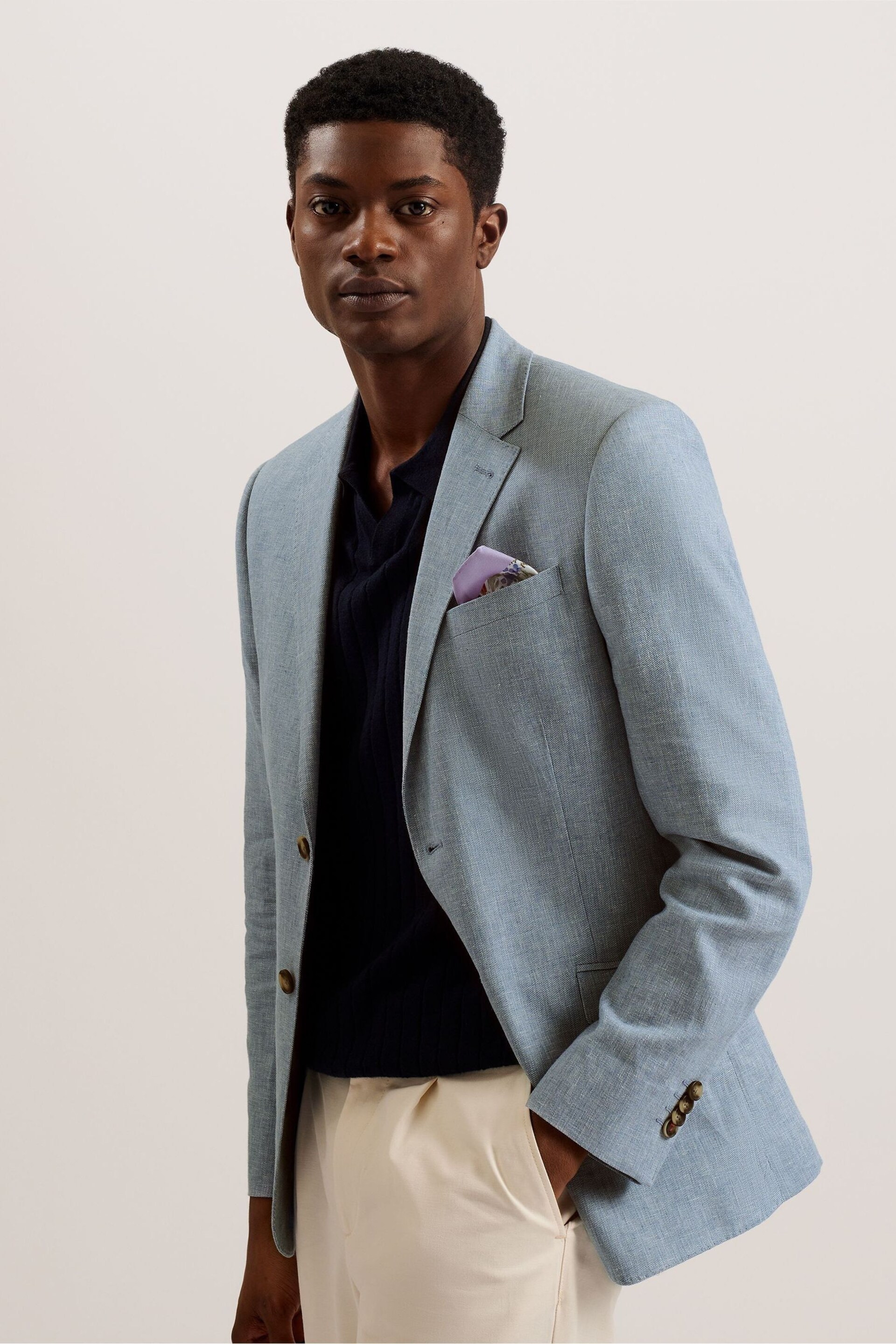 Ted Baker Blue Damaskj Slim Cotton Linen Blazer - Image 2 of 6