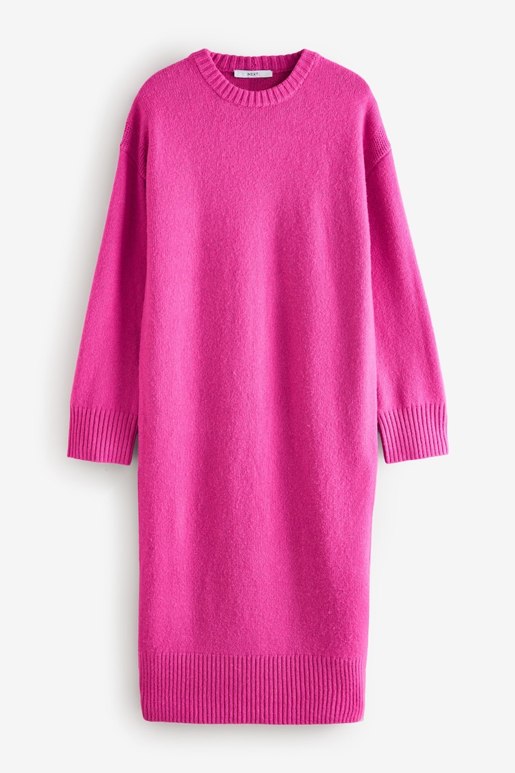 Bright Pink Relaxed Soft Touch Crew Neck Midi Knitted Jumper Dress - Image 1 of 3