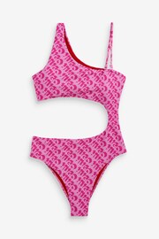 HUGO Pink Logo Print Cut Out One Shoulder Swimsuit - Image 5 of 5