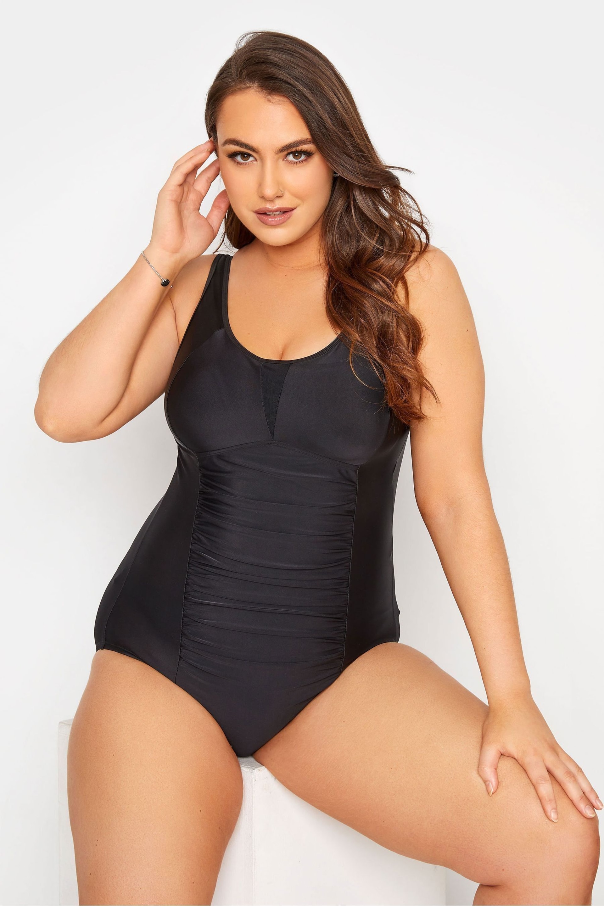 Yours Curve Black Black Ruched Mesh Tummy Control Swimsuit - Image 1 of 4