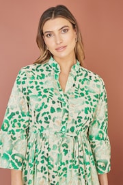 Yumi Green Animal Print Broderie Anglaise Cotton Midi Shirt Dress - Image 3 of 5