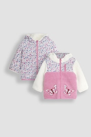 JoJo Maman Bébé Pink Butterfly Reversible Zip-Up Teddy Fleece - Image 1 of 7