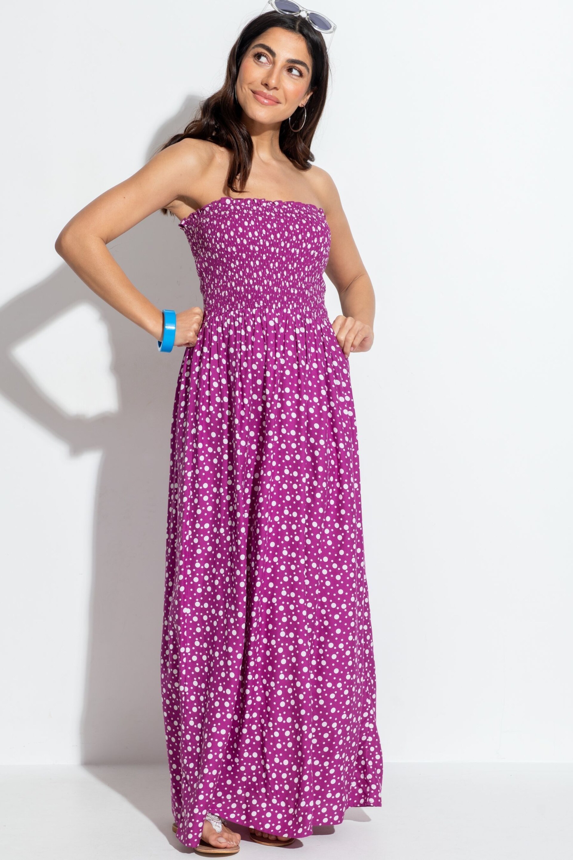 Pour Moi Purple Strapless Shirred Bodice Maxi Beach Dress - Image 1 of 4