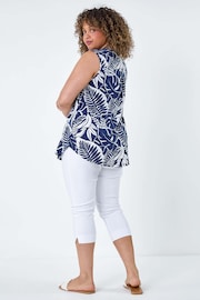 Roman Blue Leaf Print Stretch Top - Image 3 of 5