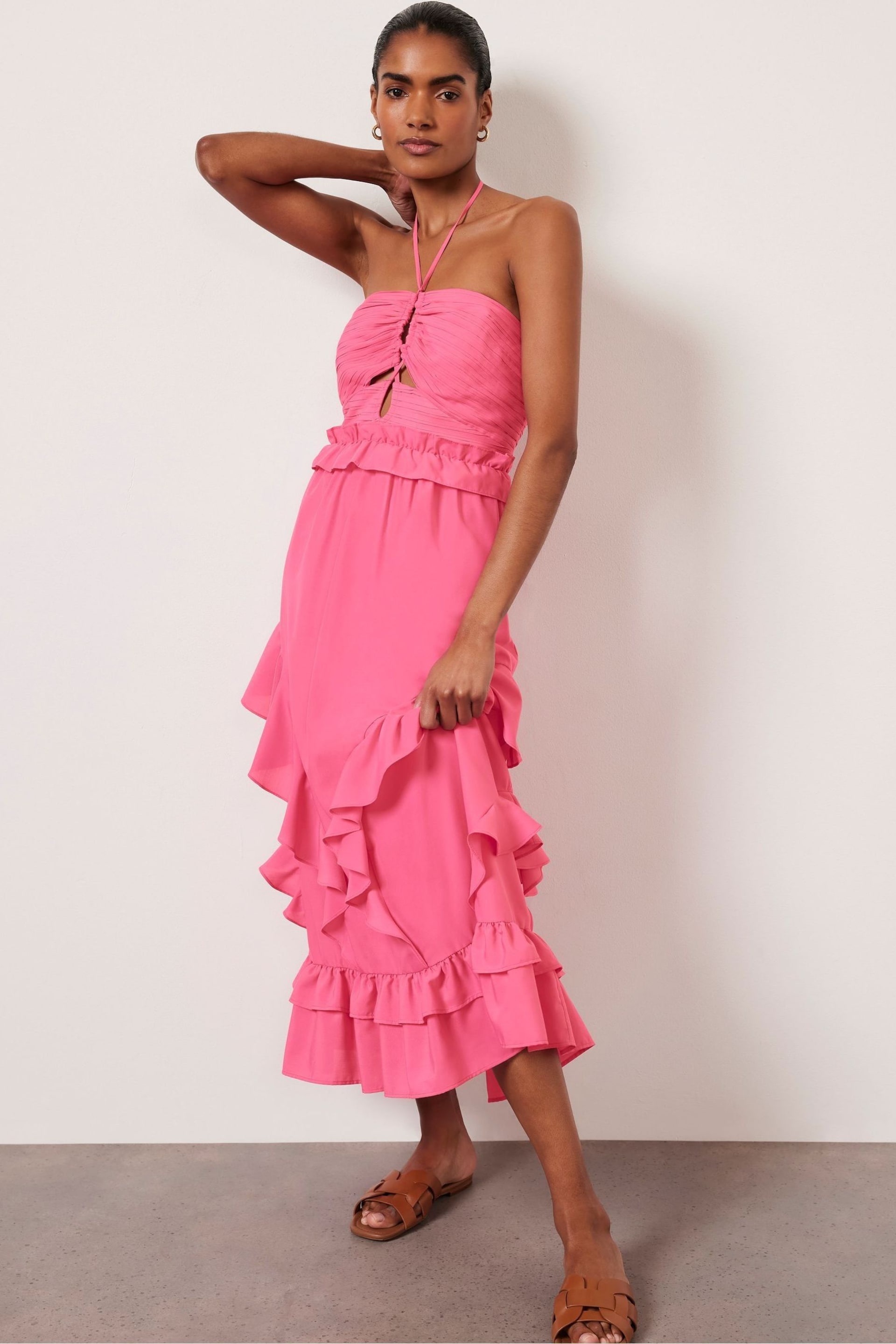 Mint Velvet Pink Ruffle Halter Midi Dress - Image 1 of 4