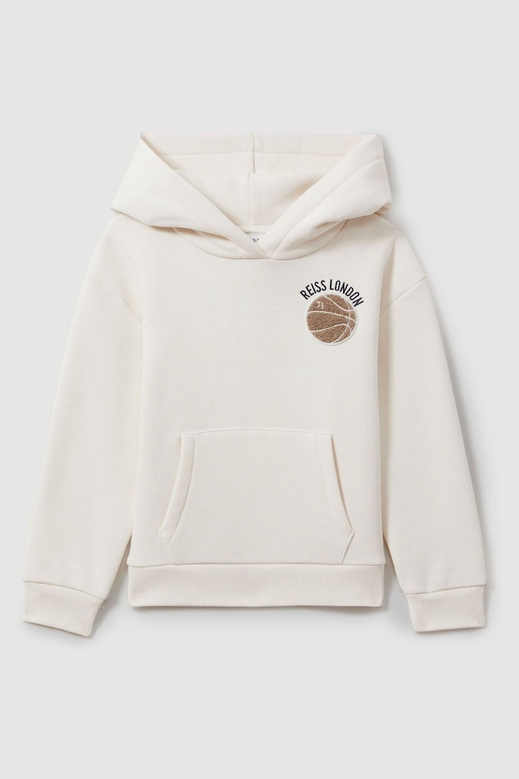 Reiss Off White Cottle Junior Relaxed Embroidered Basketball Hoodie - Image 2 of 4